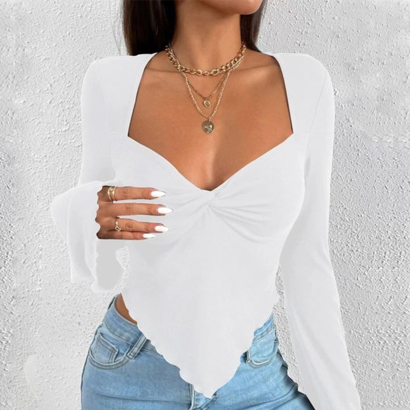 V-neck flared sleeved waistband knitted long sleeved top - Picture 4 of 5
